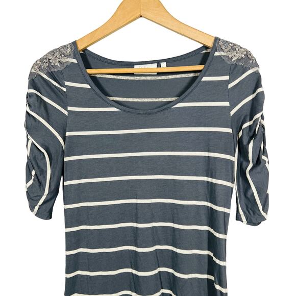 Deletta Striped Scoop Neck Tee Short Sleeve Ruched Casual - S - Picture 2 of 5